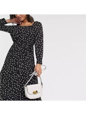 Y.A.S. Clara Midi Ditsy Floral Dress Black White Belt Missing Medium Cottagecore